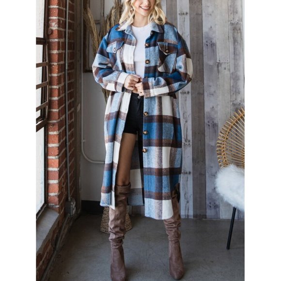 Jackets & Blazers - Plaid Oversized Long Shirt Jacket Shacket Coat